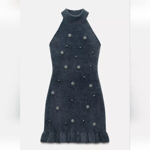 FAUX FUR BEADED HALTER DRESS